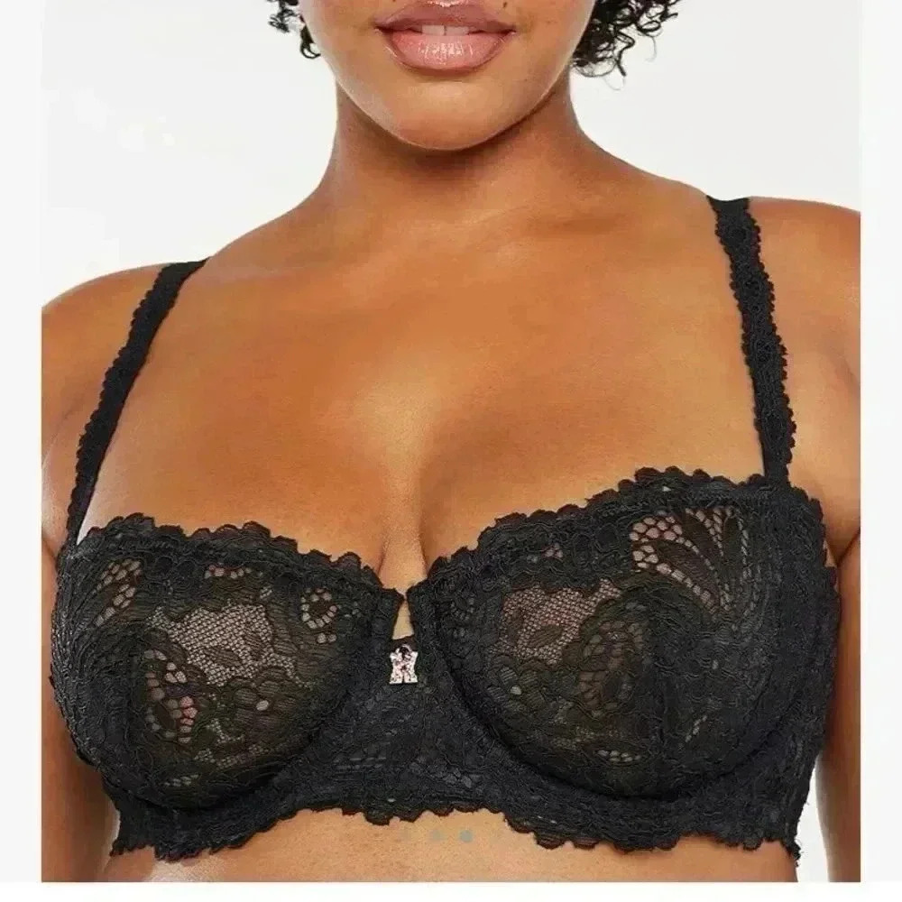 New Savage x Fenty Lace Balconette Bra 46DD Unlined Underwire Black Onyx